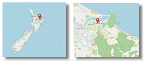 Location of Whakatane in New Zealand (cc OpenStreetMap)