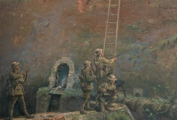 Men of New Zealand Rifle Brigade scaling the walls of Le Quesnoy