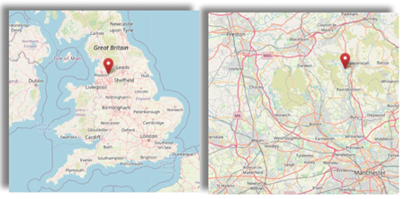 Location of Helmshore in Lancashire in the north west of England (cc OpenStreetMap)