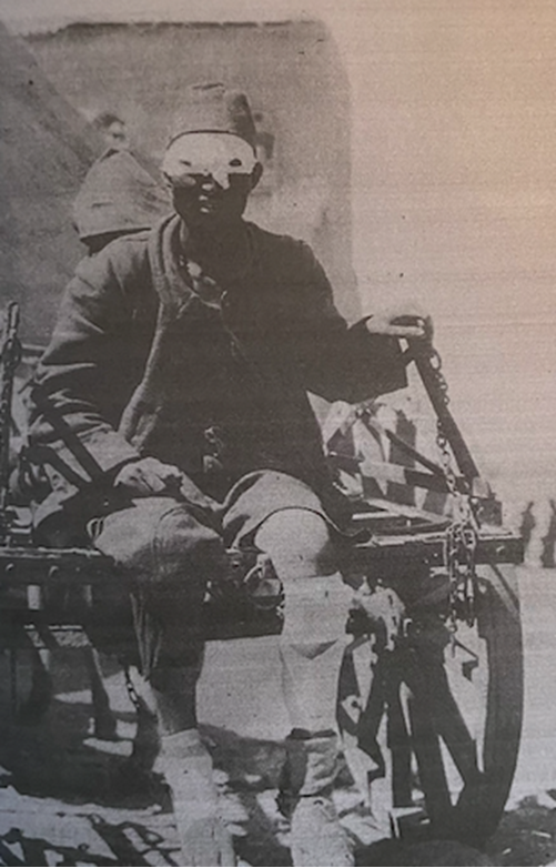 The siege of Kut: a wounded Turk being transported on one of the ubiquitous wooden carts during the retreat to Kut, November 1915. Personal photograph, P.C.Saunders, HU 51375