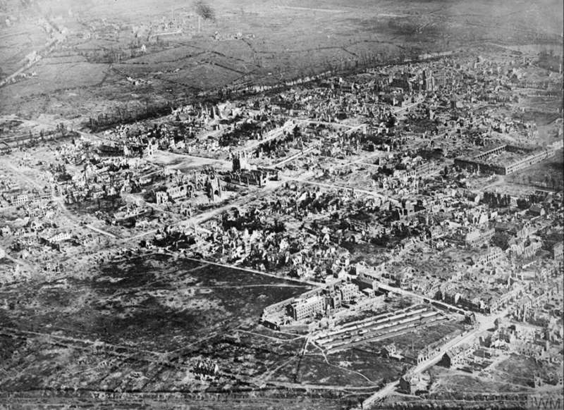 Aerial oblique view of Ypres showing the ruins of the city. – Image Courtesy of the Imperial War Museum (IWM Q 29795)