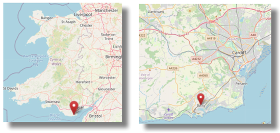 Location of Barry in Glamorgan in the south of Wales (cc OpenStreetMap)