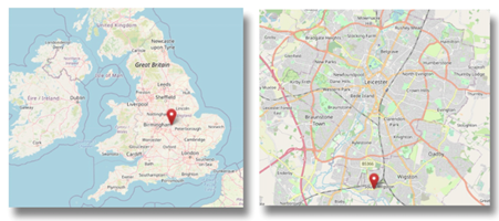 Location of South Wigston in central England (cc OpenStreetMap)