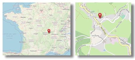 Location of Ste Priest-la-Prugne in central France (cc OpenStreetMap)