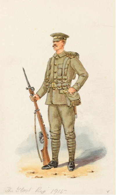 'The Glos. Regt 1915, Private' Watercolour from 'Dress & Equipment of the Gloucestershire Regiment. 28th North Glos. 61st South Glos. 1694-1915', a volume of 37 single figure studies in watercolour, unsigned, possibly by F Stansell, 1915 (c).