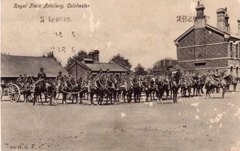 The image shows the Royal FielArtillery on parade at the Artillery Barracks in Colchester, c1914 (c) Jess Jephcott