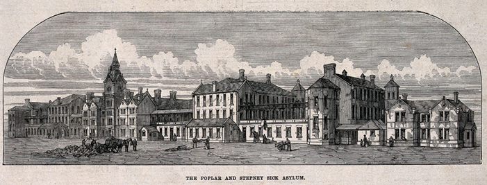 The Poplar and Stepney Sick Asylum, Bromley-by-Bow: the street facade. Wood engraving, (c.1870?) by Arthur Harston (CC BY SA 3.0) The Wellcome Collection