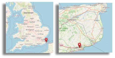 Location of Folkestone in Kent in the far south east of England (cc OpenStreetMap)
