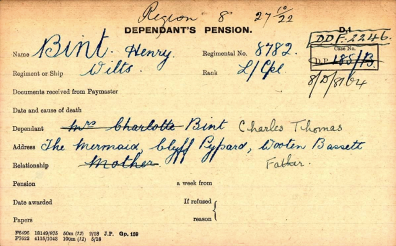 Pension Card for Henry Bint from The Western Front Association digital archive on Fold3 from Ancestry