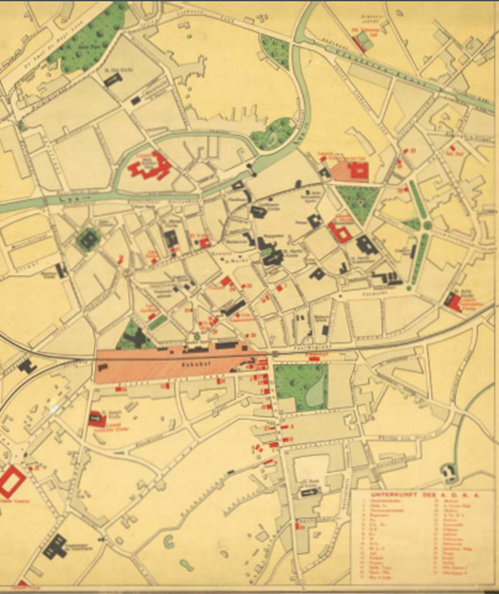 Map of Kortrijk during the German occupation in 1917. The red areas show the occupied buildings and locations.