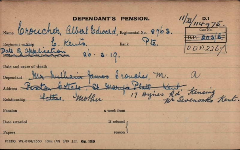 Pension card from The Western Front Association digital archive on Fold3 by Ancestry
