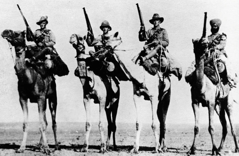 Guerrilla Operations 1918: The 'Imperial' nature of the Camel Corps in 1918; mounted troops from left to right, the Australian, British, New Zealand and Indian sections. Part of the Douglas Pearman Collection © IWM Q 105525