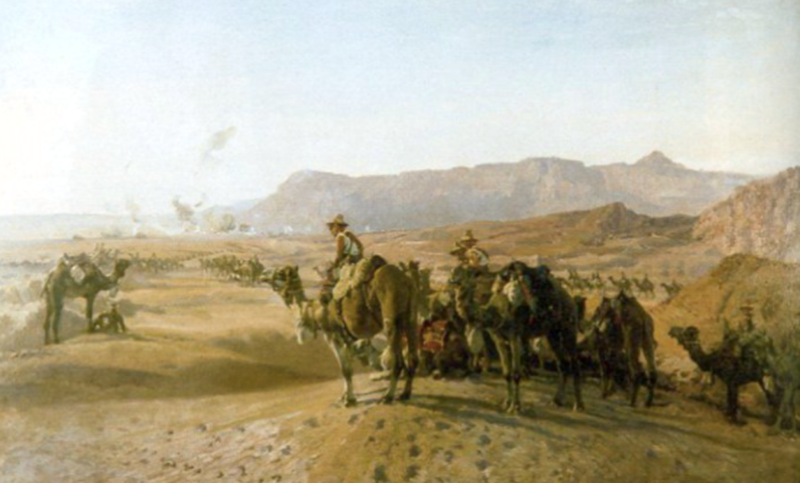 Painting depicting mounted troops of the Imperial Camel Corps Brigade with the Egyptian town of Magdhaba in the distance, 23 December 1916 by Harold Septimus Power (1925). From the Collection Database of the Australian War Memorial ID Number: ART09230