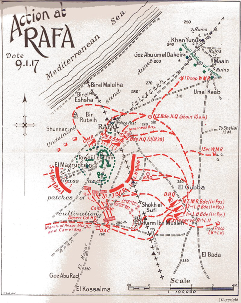 Map depicting the Battle of Rafa. Powles, C. Guy (1922). The New Zealanders in Sinai and Palestine Volume III Official History New Zealand's Effort in the Great War. Auckland, Christchurch, Dunedin and Wellington: Whitcombe & Tombs Ltd, pp. 80–81. (Copyright expired)