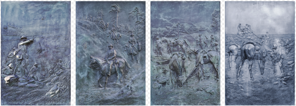 Panels from the Royal Gloucestershire Hussars war memorial at Gloucester Cathedral representing, from left to right, Gallipoli 1915, Sinai 1916, Palestine 1917 and Syria 1918.  Adrian Jones, MVO (1845–1938).(Public Domain).