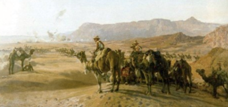 Painting depicting mounted troops of the Imperial Camel Corps Brigade with the Egyptian town of Magdhaba in the distance, 23 December 1916 by Harold Septimus Power (1925). From the Collection Database of the Australian War Memorial ID Number: ART09230