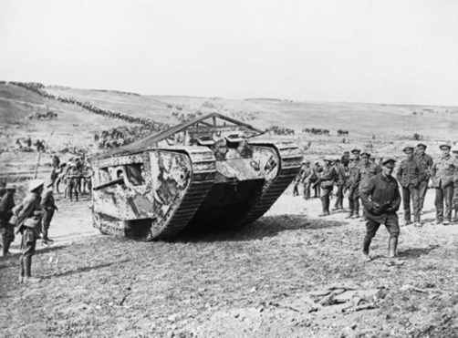 Battle of Flers–Courcelette. "C" Company Mark I tank, C.19 'Clan Leslie', in the Chimpanzee Valley on 15 September 1916, the day tanks first went into action.Photograph by Lieut. John Warwick Brooke © IWM Q 5574