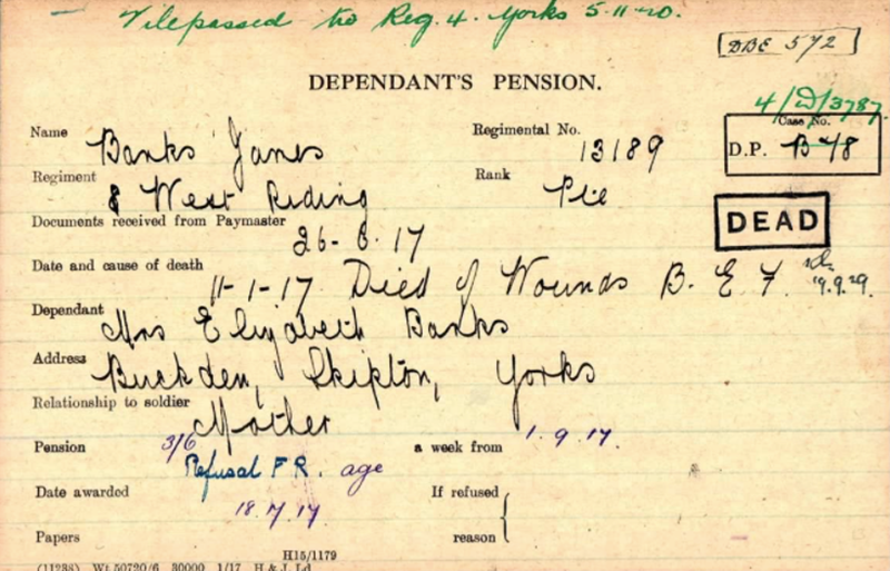 Pension Card for James Banks from The Western Front Association digital archive on Fold3 by Ancestry