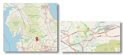 Location of Skipton in the north west of England (cc OpenStreetMap)
