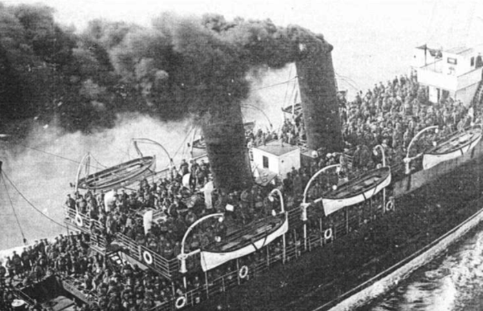 HM Troop Ship Victoria leaving Folkestone harbour with men heading for the Western Front.