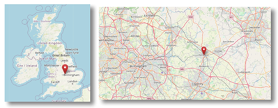 Nuneaton, north Warwickshire between Birmingham and Leicester in England's West Midlands (cc OpenStreetMap)