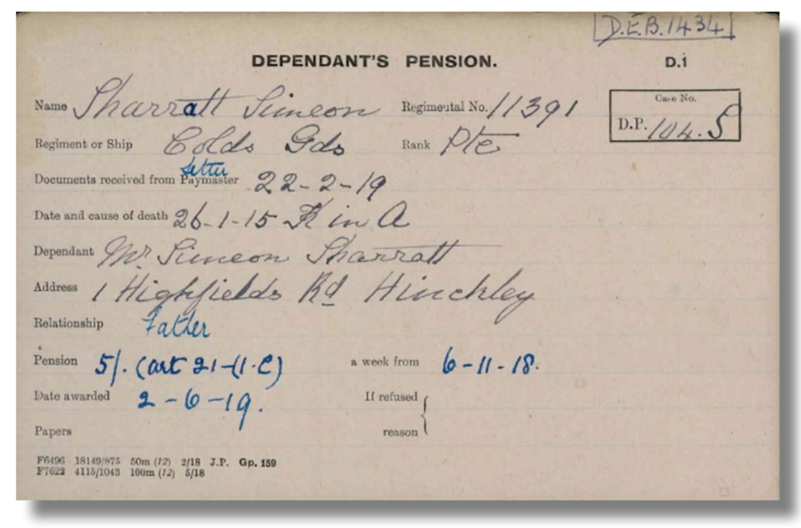 Pension Card for Simeon Sharratt from The Western Front Association digital archive on Fold3 by Ancestry
