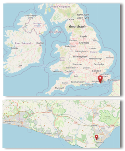 Location of Eastbourne, East Sussex on England's south coast (cc OpenStreetMap)
