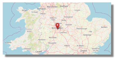 Location of Birmingham in England's west midlands (cc OpenStreetMap)