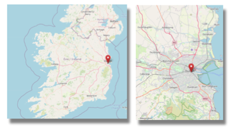 Dublin, capital of the Republic of Ireland, is on Ireland’s east coast at the mouth of the River Liffey (cc OpenStreetMap)