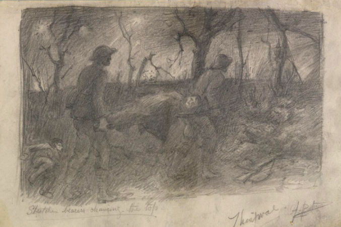 A night scene with two stretcher bearers carrying a body on a stretcher through a grove of shattered trees. Other dead bodies lie around and there are shell bursts in the sky by Harry Bateman (pencil on paper). © IWM Art.IWM ART 6323