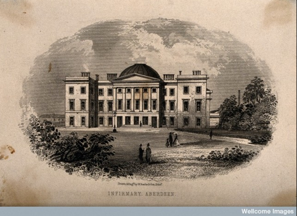 Façade of the Royal Infirmary, Aberdeen. Engraving by W. Banks & son.  Wellcome Library, London (CC BY SA 4.0)