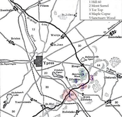 The Ypres Salient in 1i15 showing St. Eloi in the far south west corner of this map