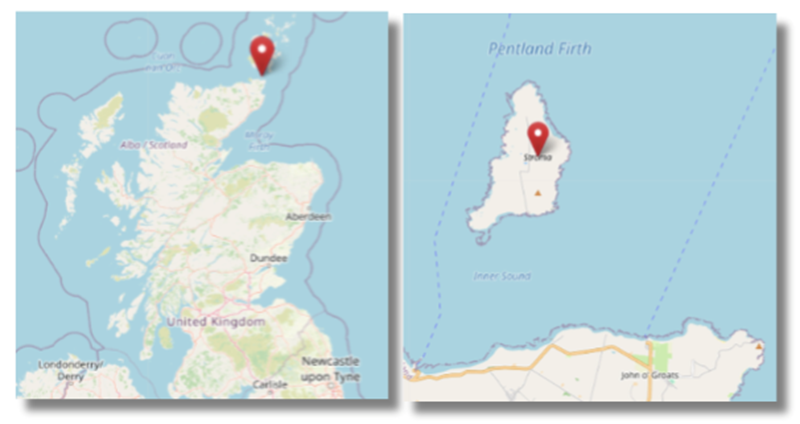 Location of Stroma on the northern edge of Scotland in the Pentland Firth north of John o'Groats (cc OpenStreetMap)
