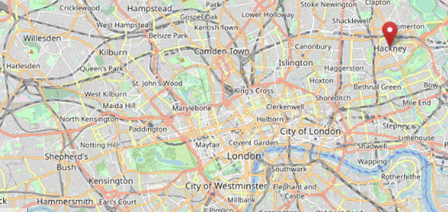 Location of Hackney in the north east of London (cc OpenStreetMap)
