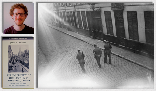 Dr James Connolly a copy of his book on occupation in France during WW1 and a photograph of a German patrol walking down a deserted road in Lille, 1916. Archives Municipales de Lille.