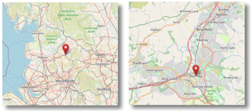 Location of Burnley in the north west of England (cc OpenStreetMap)