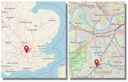 Location of Wimbledon in the south east of England (cc OpenStreetMap)