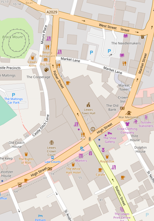 Location of Lewes Town Hall in the centre of Lewes (cc OpenStreetMap)