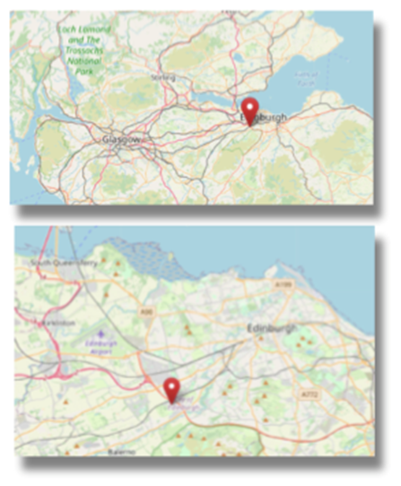 Location of Baberton, Midlothian in southern Scotland (cc OpenStreetMap)