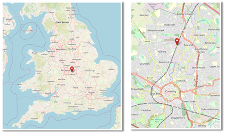 Location of Foleshill, West Midlands, north of Coventry, England (cc OpenStreetMap)
