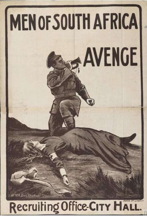 A full-length depiction of a soldier standing over the dead body of a Red Cross nurse (possibly Edith Cavell) lying on a grassy hillside.Burt Thomas poster Argus Co Ltd, Cape Town (printer) © IWM Art.IWM PST 12330