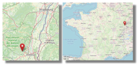 Location of Thann, Alsace (then part of Germany) (cc OpenStreetMap)