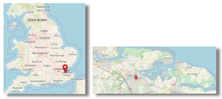 Location of Chatham in Kent,  southern England (cc OpenStreetMap)