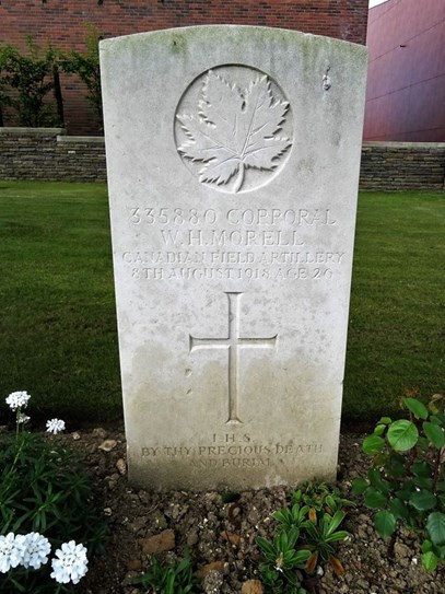 The headstone for Corporal Walter Horace Morell in Longueau British Cemetery. Photo – findagrave.com