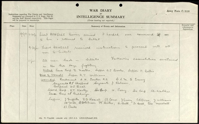 The War Diary Of 123 Field Company Royal Engineers Detailing Lt AH Soutar Being Wounded On 11 July 1916