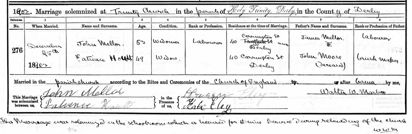 The Extract From Patience Hoult’S Marriage To John Mellor. The Marriage Taking Place In The Schoolroom Of Holy Trinity, Derby, As The Church Itself Was Being Rebuilt.