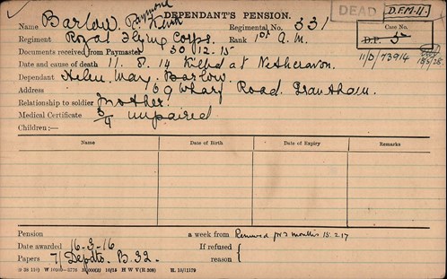 Pension Record Card For Raymond Barlow