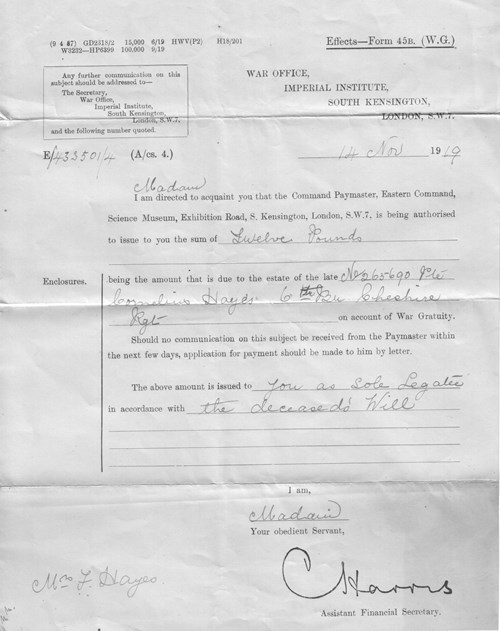 War Office Effects Form 45B (War Gratuity), 14Th November 1919