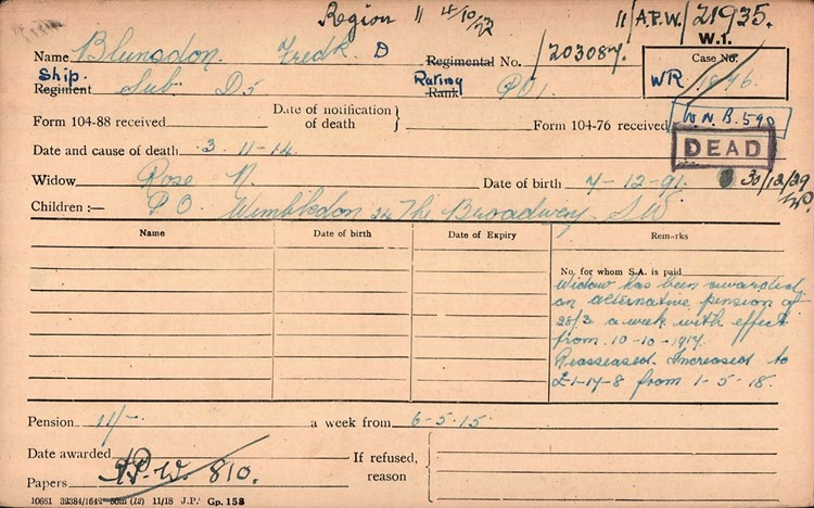 Pension Card Of Naval Ledger Of Frederick Drury Blunsdon