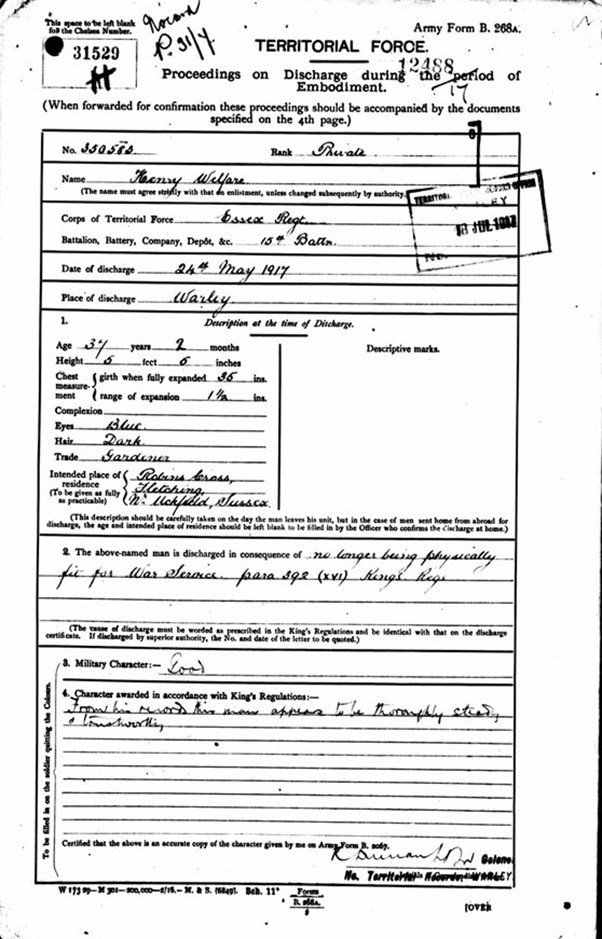 The Discharge Papers For Henry Welfare.
